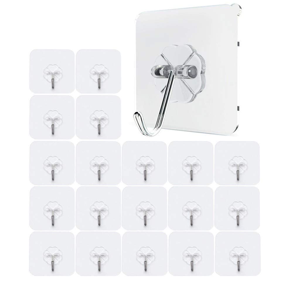 JZK 20 Waterproof Heavy Duty self Adhesive Clear Hooks Load Bearing 10kg Plastic Strong Sticky Hook for Bathroom Kitchen Wall Door Fridge Ceiling Closet