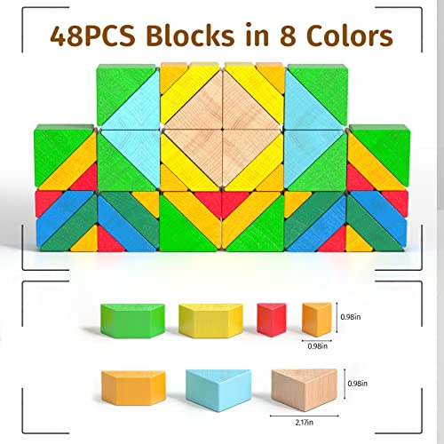 zhiwuzhu Wooden Building Blocks for Toddlers 3 4 5, Montessori Toy for Kids, 48PCS Stacking Blocks with 30-Piece Instruction Cards and Storage Bag, Preschool Educational Toy for Boys and Girls Gifts