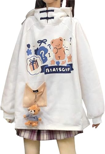 Amazon Co Jp レディレイジー Lady Lazy くまさん レトロ パーカー ぶかぶか トレーナー くま耳 長袖 トップス 大きいサイズ 部屋着 ルームウェア ワンピース 服 ゆめかわ ロリ 原宿 可愛い 白 ホワイト ベア くま柄 ホビー