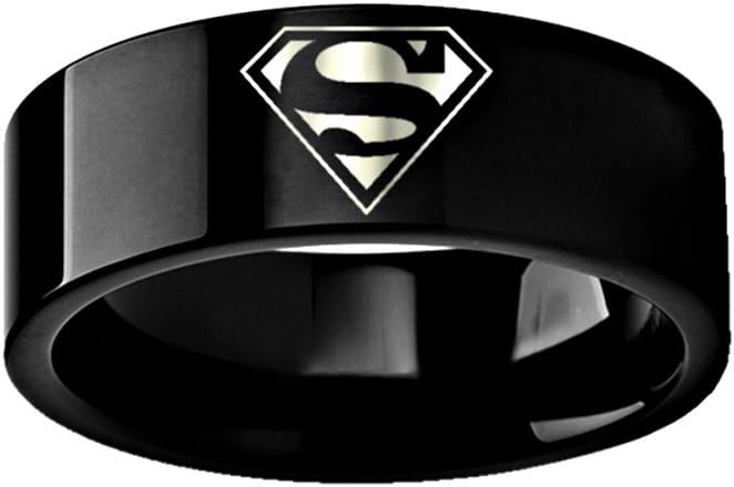Thorsten Superman Emblem Symbol Hero Ring Wedding Band Black Tungsten Custom Personalized Inside Engraved 8mm Wedding Band Ring from Roy Rose Jewelry