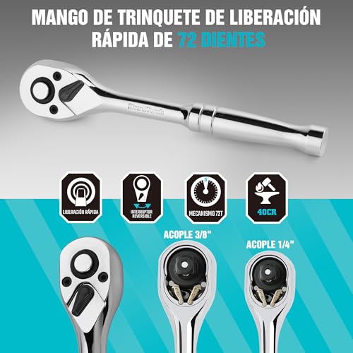 DURATECH 121 Piece Mechanics Tool Set, Socket Wrench Set, 1/4" and 3/8", 72 Tooth Ratchet Cr-V Steel, with Box, Includes Screwdriver and Bits