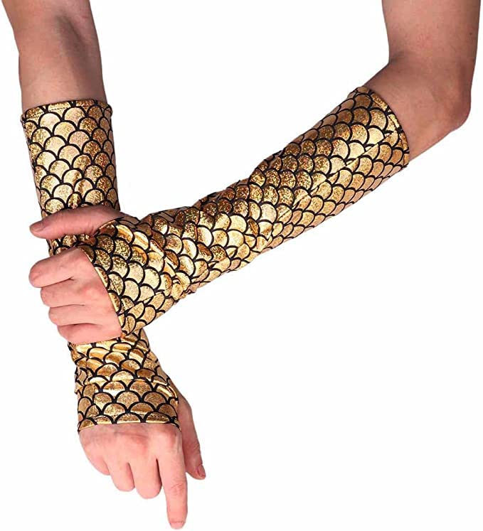 RUNHENG Women's Shimmery Mermaid Gloves Fish Scale Fingerless Long Gloves Elbow Length Halloween Carnival Masquerade (Gold)