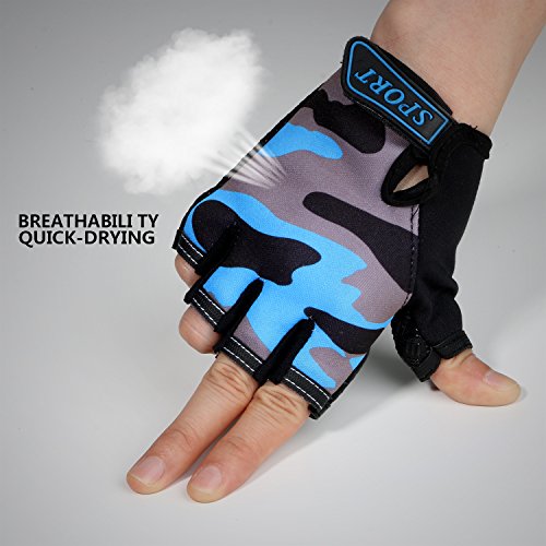 NATURE Ann Boy Girl Child Children Kid Half Finger Fingerless Short Shock-Absorbing No-Slip Pro Cycling Gloves Mitten for Cycling MTB Exercise Skate Skateboard Roller Skating Other Sports (Blue+Grey)