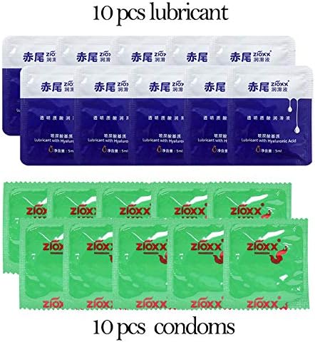 Zioxx Personal Hyaluronic Acid Lubricant, 10 Pcs 5ml Disposable One Time Use Lueb and 10 Pcs Condoms for Men, Women & Couples