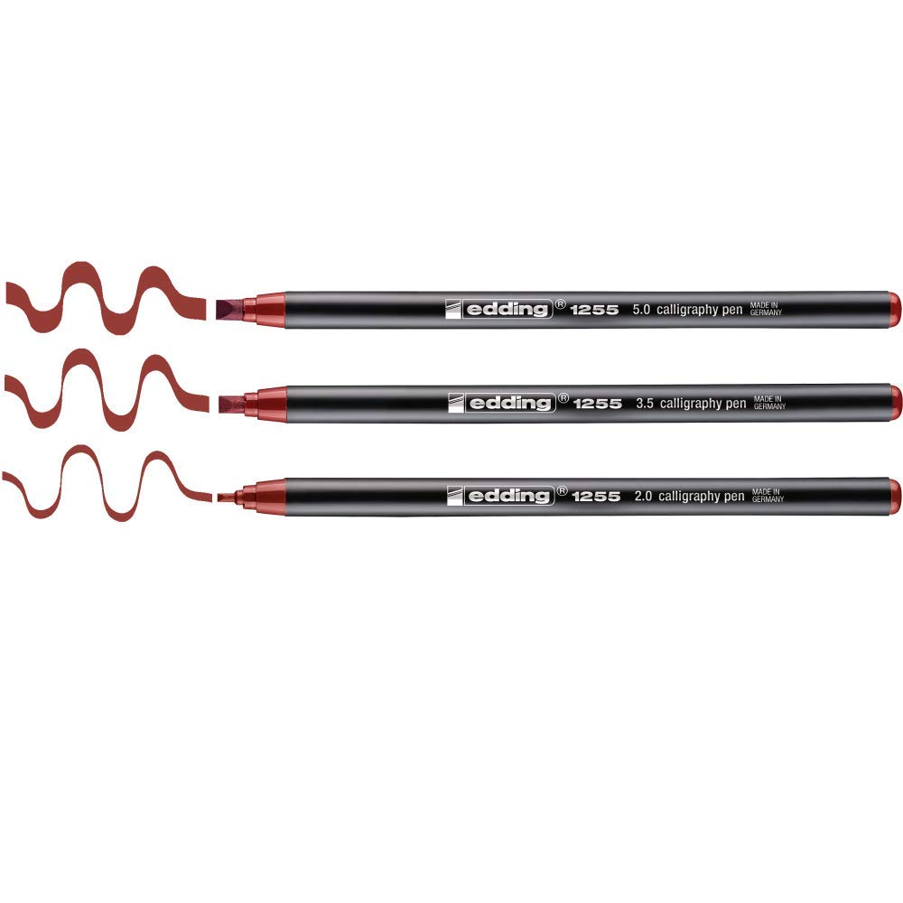 edding 1255 calligraphy pen - crimson lake - 3 pens - calligraphy nib 2 - 5 mm - fibre pens for paper, wood, terracotta, canvas - hand lettering, bullet journals, thank you cards, calligraphy books
