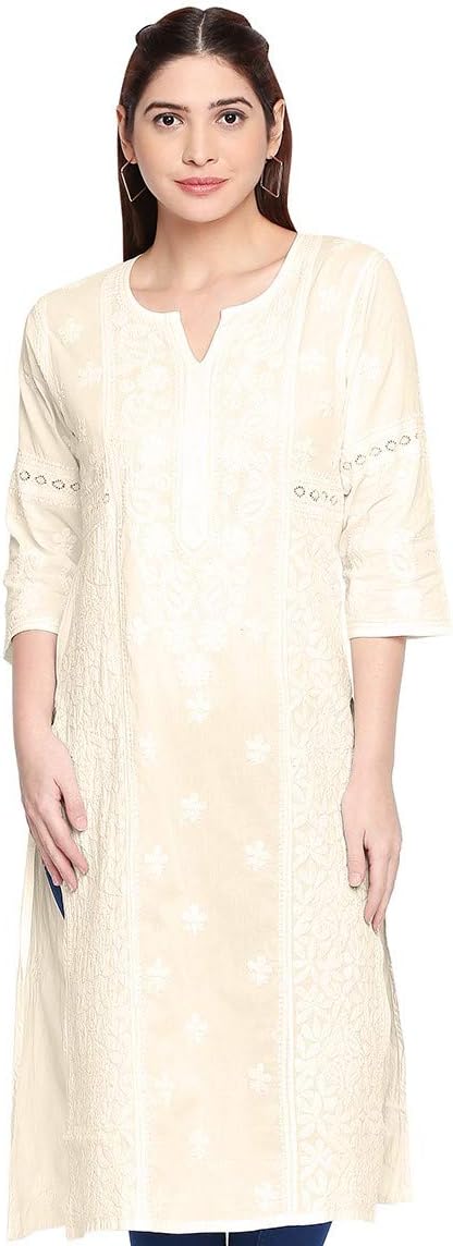 Indiankala4U Ladies Dresses Tops Kurti Cotton Long Kurta Hand Embroidery Handmade Lucknow Chikankari Maukaish/Badla Work for Women