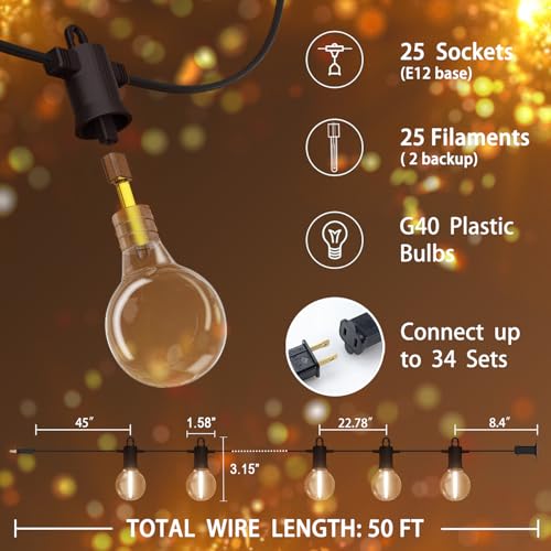 Outdoor String Lights 30M,Led Patio Globe Lights with 27pcs Plastic Bulbs,Waterproof,Shatterproof,G40 Outdoor String Lights,34 Connectable for Backyard, Bistro, Porch, Deck, Balcony,Tent