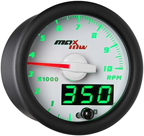 MaxTow Double Vision 10,000 RPM Tachometer Gauge - for 1-10 Cylinder Gas Powered Engines - White Gauge Face - Green LED Illuminated Dial - Analog & Digital Readouts - 2-1/16" 52mm