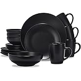 CREATIVELAND Matte Black Plates and Bowls Dishes Set, 16 Piece Stoneware Dinnerware Sets for 4, Ceramic Dinnerware for Home Restaurant, Dishwasher and Microwave Safe Ceramic Dishes Set for 4