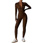 ECUPPER Women Long Sleeve Bodycon Jumpsuits Workout Zip Up Unitard One Piece Full Bodysuits Sexy Yoga Rompers Pants
