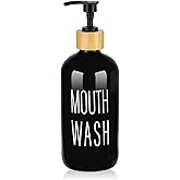 Pump Mouthwash Dispenser, Glass Mouthwash Container for Bathroom Countertop, Mouth Wash Bottle Decanter, Black, Printed Font