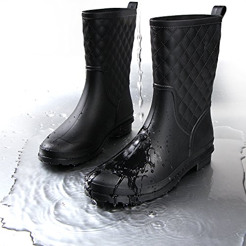 17KM Womens Black Short Anti Slip Rain Boots Mid-Calf Waterproof Rubber Garden Rain Shoes 8 US, Grid Black