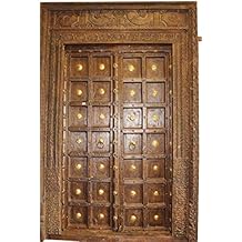 Elaborate Antique Indian Haveli Door Earthy Brown Teak Brass Medallion Original Hand Carved Haveli Double Door Architecture Interior Design