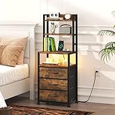 HIGDBFE Tall Nightstand with Charging Station and LED Lights, Bedside Table with 3 Fabric Drawers and 4 Tier Shelves, End Tab