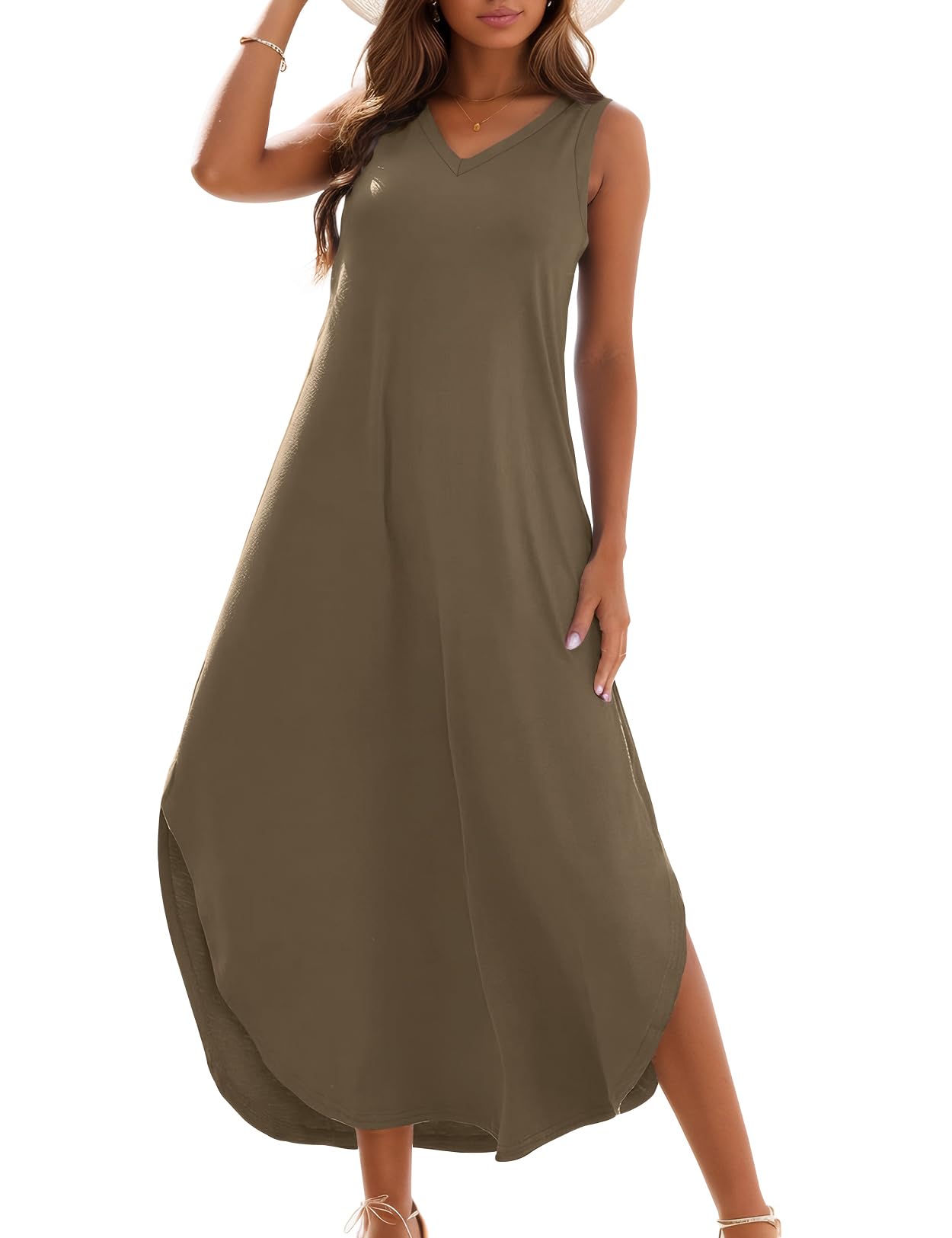 Photo 1 of Zilcremo Women's Summer Casual Loose Sundress Long Dress Sleeveless V Neck Split Tshirt Maxi Dresses Khaki M