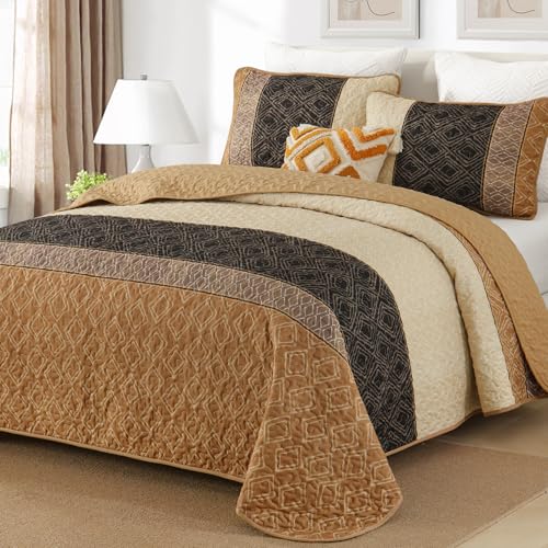 Cottolester Fall Quilt Set Queen Size 3 Pieces,Brown Striped Bedspread,Boho Plaid Bedding