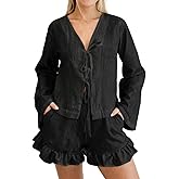 Sotimoon Womens Ruffle Short Sets 2 Piece Outfits Fashion Summer Tie Front Top and Shorts Cotton Pajamas Set