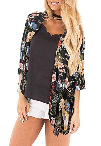 Casual Kimono for Women Cardigans Printed Chiffon Loose Cover ups Robe（Black Print,M