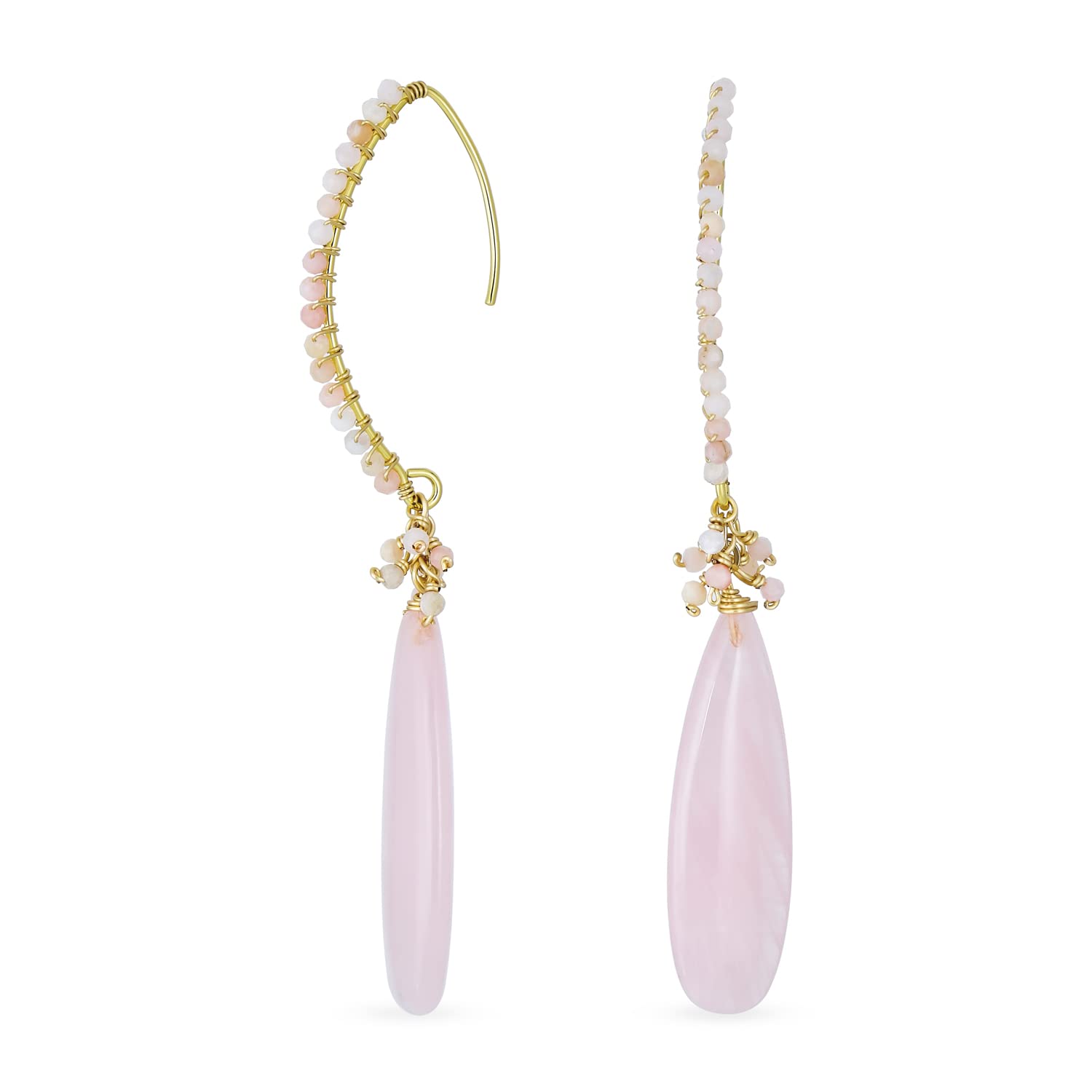Boho Wire Wrap Cluster Bead Accent Linear Elongated Fish Hook Soft Light Pink Peach Rose Quartz Long Teardrop Gemstone Chandelier Dangle Earrings For Women Teens 18K Yellow Gold Plated