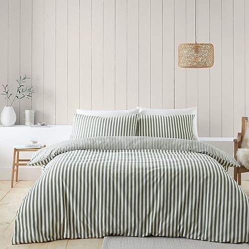 Catherine Lansfield Brushed Cotton Stripe Reversible Super King Duvet Cover Set with Pillowcases Green