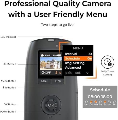 BCC300-C Timelapse Video Bundle - Cámara TLC300 1080P FHD y HDR, 118°FOV, Pantalla LCD IPS 1.44”, Carcasa IPX4, Abrazadera, Fácil de Usar en Obras de Construcción, Interiores y Exteriores
