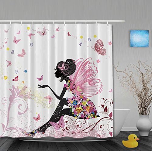 Cute Home Decor Girl With Butterfly Bathroom Shower Curtains Waterproof Mildew Polyester Fabric Pink 72"x72"Inch