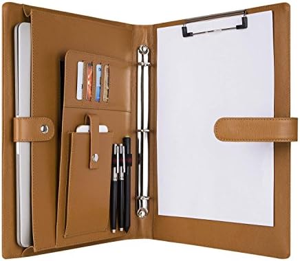 [Custom Engraved]Professional Business 3 Ring Binder Portfolio Executive Genuine Leather Tablet/Laptop Padfolio, Document Organizer Folder A4 Size Notepad with Clipboard, Magnetic Closure,Brown