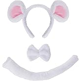 Jmkcoz White Mouse Costume Set Mouse Ears Headband and Tail Bow Tie Fancy Dress Accessories for Women Halloween Cosplay Party
