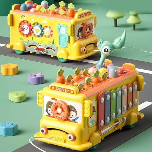 AM ANNA 12-in-1 Montessori Toy for 1-3 Year Old Baby Boys Girls - Hammering Pounding Harvest School Bus With Gears, Teaching Clock, Fishing Game and Color Matching - Gift for Kids