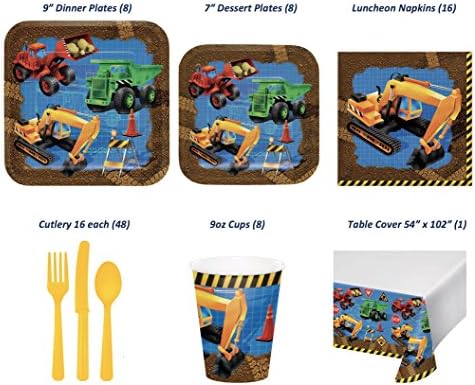 Under Construction Complete Party Supply Bundle (Serves 8): 8 Dinner AND 8 Dessert Plates, 16 Lunch Napkins, 8-Cups, Plastic Table Cover, Cutlery (16 each-knives, forks and spoons) 89 pieces total