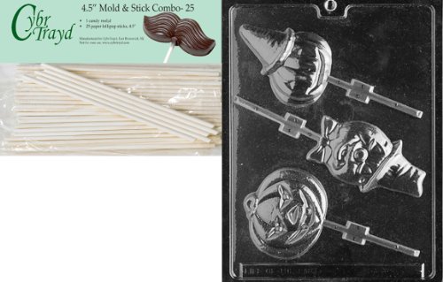 Cybrtrayd 45St25-H032 Assorted Pumpkin Lollys Halloween Chocolate Candy Mold with 25 4.5-Inch Lollipop Sticks
