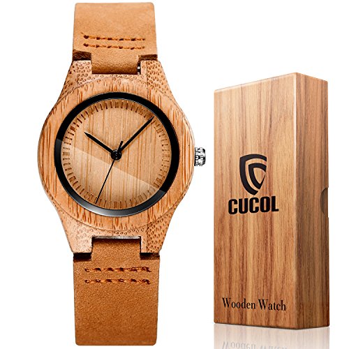 CUCOL Womens Wooden Bamboo Watches Leather Strap with Gift Box CUCOL Womens Wooden Bamboo Watches Leather Strap with Gift Box