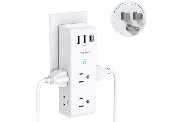 Surge Protector Outlet Extender - with Rotating Plug, 6 AC Multi Plug Outlet with 3 USB Ports (1 USB C), 1800J Wall Charger, 3-Sided Power Strip with Spaced Outlet Splitter for Home, Office, Travel