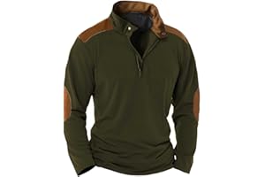 Hugncmy Casual Long Sleeve Shirts for Men Button up Pullover Mock Neck Long Sleeve Sweatshirts with Elbow Patches