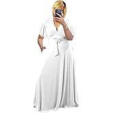 Plus Size Women's 2 Piece Outfits Casual Short Ruffle Sleeve Wrap Crop Top Maxi Long Dress Flowy Matching Sets