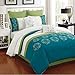 Kennedy 8 Piece Turquoise and Ivory Flower Embroidery Bed in a Bag Comforter Set (Queen)