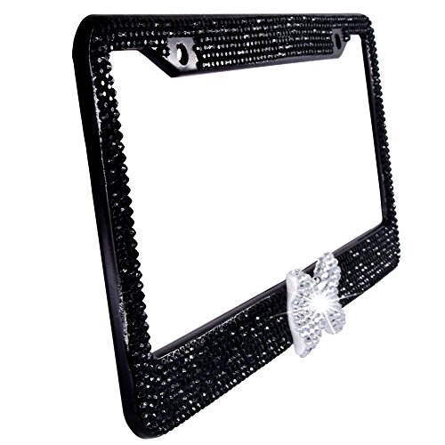 Bling Bling License Plate Frames -2 PACK-8 Row Pure Handmade Waterproof Glitter Rhinestones Crystal License Frames plate for Cars with 2 Holes with Screws Caps Set (Black & White Bowtie)
