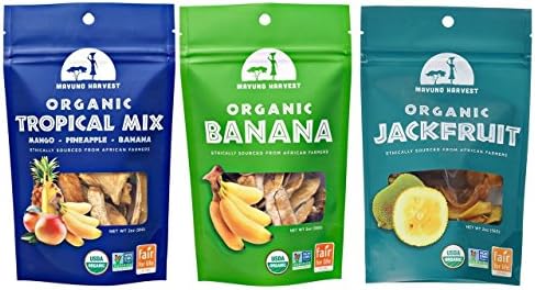 Mavuno Harvest Organic Non-GMO Dried Fruit Snack Variety Bundle, (1) Each: Tropical Fruit Mix, Banana, Jackfruit - 2 Ounces