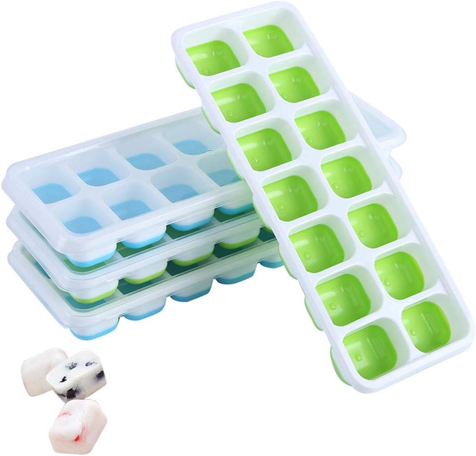 Silicone Ice Cube Tray with Lids, Silicone Bottom PP Edge, Home Kitchen Ice Cube Container with Covers, Diamond, Half Cake, Round, Square (4 Pack Rectangle, Rectangle (2 Blue + 2 Green))