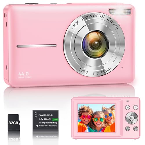 Digitalkamera 44 MP 1080P FHD, 16-fach Zoom, Bildstabilisator, 2,4" Display - Pink