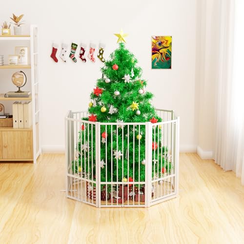 Full Metal Freestanding Dog Gate with Door, 32''Height Foldable Pet Dog Fence for Indoor & Outdoor, 6 Panels Extra Wide Free Standing TallDog Gates for Doorways,House,Stairs,Porch,Deck,Yard