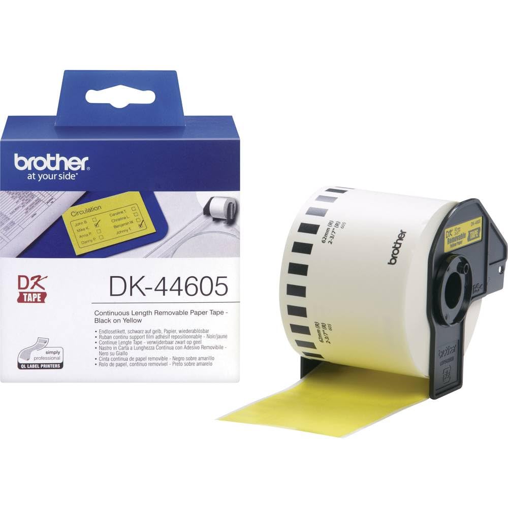 Brother DK-44605 Label Roll, Removable Continuous Length Paper, Black on Yellow, Single Label Roll, 62mm (W) x 30.48M (L), Brother Genuine Supplies