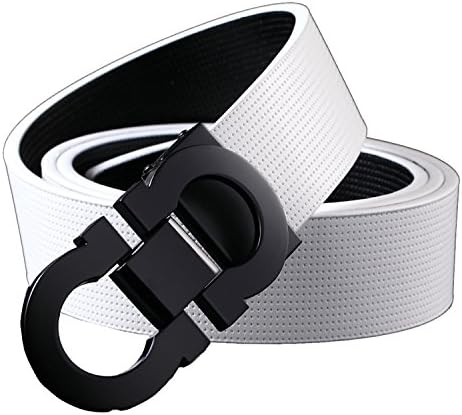 Onlybaby Reversible and Adjustable Men's Leather Belt with Double Shiny Buckle 125cm White-Black