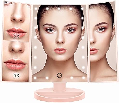 JessieCake - Tri Fold Makeup Vanity Mirror with 21 adjustable LED Lights, 3x/2x Magnification, Touch Screen and 180° Adjustable Rotation, Dual Power Supply, Countertop Cosmetic Mirror (Nude Pink)