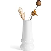 White Small Ceramic Bud Vase for Modern Home Decor, Flower Vase for Centerpieces, Twist Minimalist Style Fit Table, Shelf, Fireplace, Bedroom, Kitchen, Living Room, Office (White, Low Round)