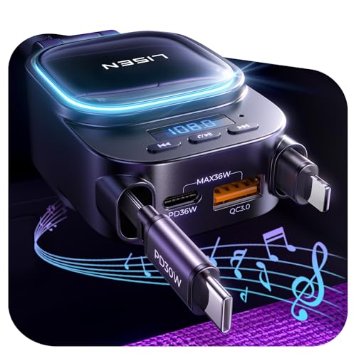 LISEN Bluetooth 5.3 FM Transmitter Car Adapter 96W Retractable Car Charger [HiFi Bass Sound] [PD36W Fast Charging] Wireless Radio Music Adapter LED Display Hands-Free Calling U Disk MP3 Music Player