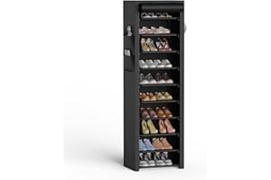 VTRIN Vertical Narrow Shoe Rack Organizer 10 Tier Tall Shoe Shelf Holds 20-22 Pairs with Non-Woven Dustproof Cover for Closet, Entryway Black