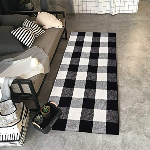 Area Rug Black White and Gray Classic Plaid Runner Rugs Hand Woven