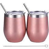 Skylety 12 oz Double-insulated Wine Tumbler, Stainless Steel Tumbler Cup with Lids and Straws for Wine, Coffee, Drinks, Champagne, Cocktails, 2 Sets (Rose Gold)