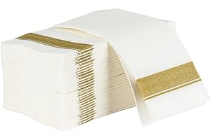 Elegant Cloth-Like Gold Border Square Dinner Napkins (Pack of 50) - 22" x 22" - Disposable Paper Napkins for Weddings, Dinner